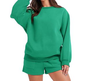 Custom Winter Women 2-Piece Sweatshirt Set Breathable Fashion Round Neck <b>Long</b> Sleeve Solid Color Casual <b>Shorts</b> Set 2026 - Product Image 1