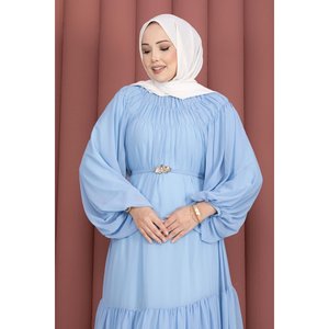 Vestido de Gasa Azul Celeste Modesto con Cinturón con Detalle Fruncido, Cintura Imperio y Silueta en A - Product Image 2