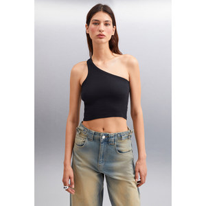 Chemise asymétrique à manches courtes en tissu côtelé extensible ORGANIK PAMUKLU pour femmes ETHIQUET DIVINA - Product Image 4