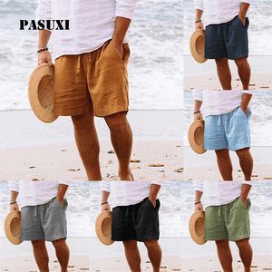 PASUXI pantaloncini da <span class=keywords><strong>uomo</strong></span> <span class=keywords><strong>in</strong></span> cotone <span class=keywords><strong>lino</strong></span> con coulisse elastico <span class=keywords><strong>in</strong></span> vita traspirante pantaloncini da spiaggia Casual a gamba dritta tinta unita asciugatura rapida - Product Image 2