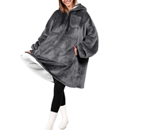 Toptan kore dokuma boy giyilebilir battaniye Hoodie kadınlar erkekler için katı polar cep tam kollu sıcak kışlık kıyafet