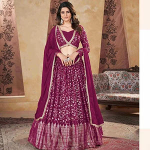 Exclusivo HeavyDesigner Bollywood Chinon Seda Bordado Pesado Trabajo Lehenga - Product Image 1