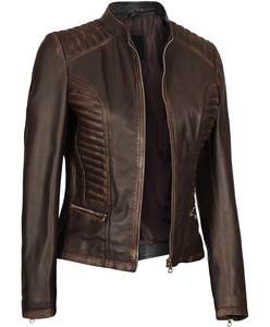 Chaqueta de cuero genuino para mujer de alta calidad para invierno, bolsillo con cremallera lateral, Color marrón, chaquetas de cuero de vaca para mujer - Product Image 3