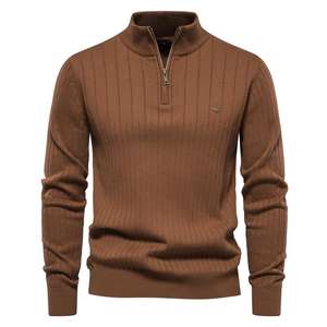 Pull en maille torsadée pour homme, hiver, anti-froissage, anti-boulochage, 100% coton peigné, uni, logo frontal, décontracté, tendance, 380g, complet - Product Image 1