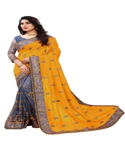 Bordure de dentelle brodée lourde et travail de pierre Belle couleur bleue Saree avec chemisier non cousu dans des vêtements ethniques - Product Image 3