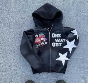 Custom Zip up Sweatsuit Acid Wash Applique Patch <b>Embroidery</b> Distressed Hoodie Jogging Tracksuit Flared Sweatpants and Hoodie <b>Set</b> - Product Image 1