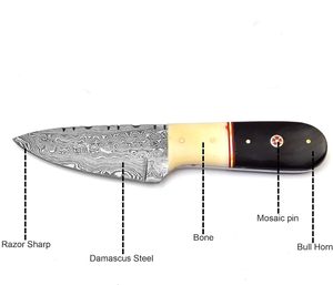 Couteau de chasse à lame fixe en acier Damas, personnalisable OEM, manche en os, étui en cuir, haute durabilité, garantie 3 ans - Vente chaude - Product Image 4