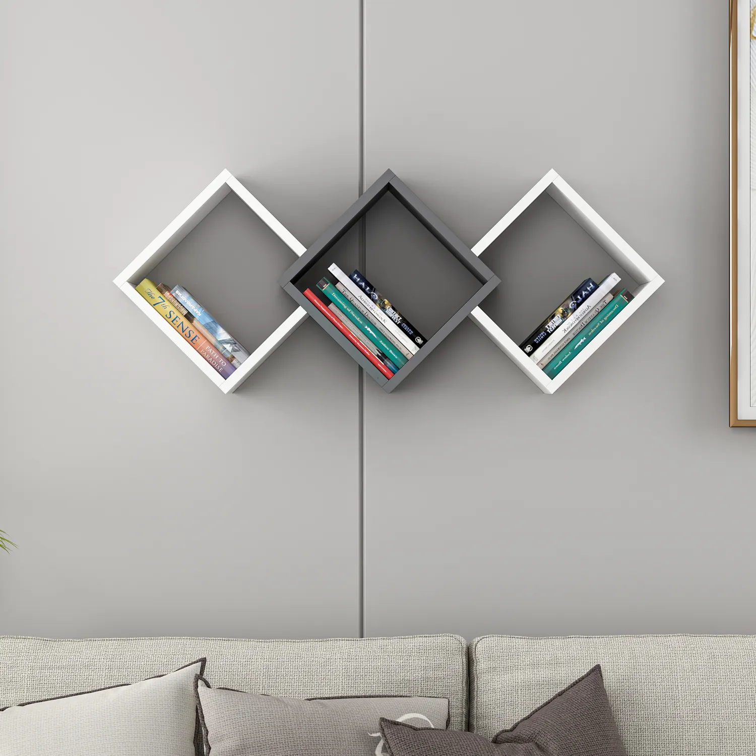 Estante ergonómico de pared cruzada GALAXY, estante de libros blanco-antracita, estante de pared, decoración del hogar, muebles elegantes de lujo para sala de estar