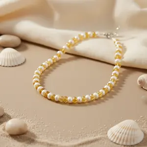 Collier chrétien en ambre jaune et perles d'eau douce (cadeau en laiton tendance) - Product Image 3