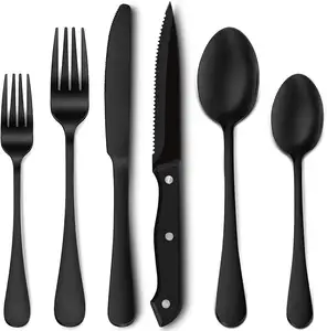 Wholesale Hot Sale Logo Printing PVD Silverware Metal Matte Cutlery Set Wedding Stainless Steel Black Flatware Set