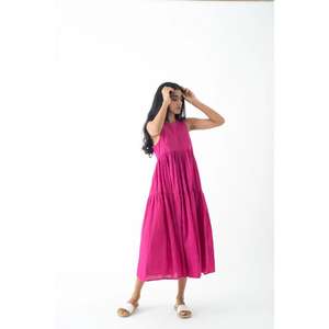 Robe maxi décontractée bohème en coton pour femmes, à manches courtes, rose, taille naturelle, longueur au sol, couleur unie, style évasé - Product Image 4