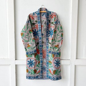 Vintage Suzani Embroidered <b>Kantha</b> Cotton Quilt <b>Jacket</b> with Long Pockets One Size Fits All - Product Image 1