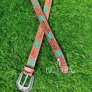 เข็มขัดลูกปัดหนังวัวตะวันตกเข็มขัดลายดอกไม้หนังแท้ผลิตตามสั่ง - Product Image 1