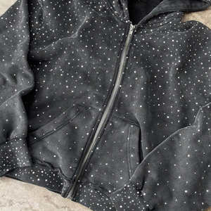 Sudadera con capucha de gran tamaño personalizada con diamantes de imitación Heavyweight Streetwear ZipUp para hombres OEM/ODM Fabricante Full Rhinestone Hombres sudaderas con capucha - Product Image 6