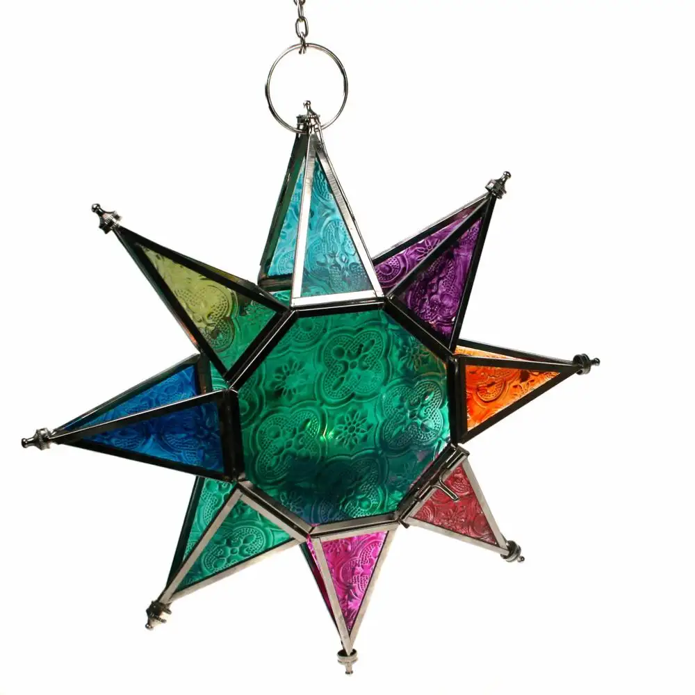 Top Venda Estrela Forma Pendurado Vela Lanterna Natal Iluminação Decoração Vidro Multicolor Alta Qualidade Top Produto
