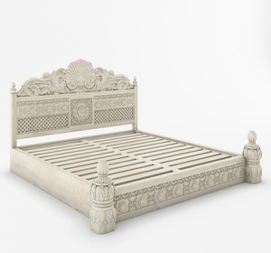 Ensemble de lit plate-forme King Size en bois de teck sculpté à la main de luxe 2 tables de chevet en bois massif tête de lit Camelback Midcentury Modern - Product Image 4