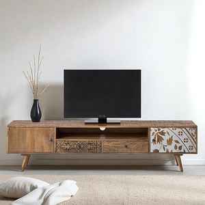 MANGALAM ART EXPORT SOLID MANGO WOOD TV <b>CABINET</b> with <b>STORAGE</b> WOODEN MEDIA UNIT EUROPEAN DESIGN HANDMADE for LIVING ROOM - Product Image 2