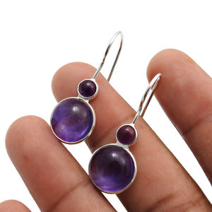 ผู้หญิงเครื่องประดับคู่อเมทิสต์อัญมณีห้อยวางตะขอต่างหูทรงกลม 925 เงินสเตอร์ลิง BEZEL การตั้งค่าต่างหูตะขอ - Product Image 2