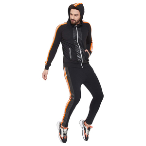 Men's Black Hooded Tracksuit With Orange Stripes Full Sleeve Zipper Sporty Sweat Suit Autumn Wear Regular Fit Side Pockets - Product Image 3