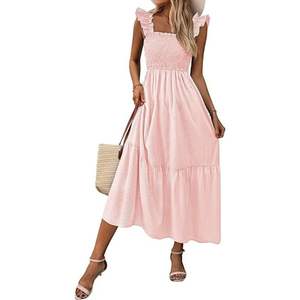 Vestido Largo Casual de Verano para Mujer, Cuello Cuadrado, Tirantes, Liso, Teñido, Estilo Bohemio, Línea A, 100% Poliéster, Ligero, Transpirable, para Vacaciones - Product Image 5