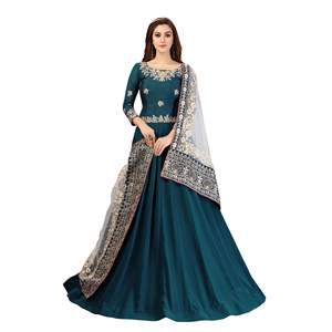 Traje Salwar Anarkali Kurta de Georgette Chinon Satinado con Bordado Étnico para Mujer, Conjunto con Dupatta, Ropa de Boda India/Pakistaní - Product Image 1