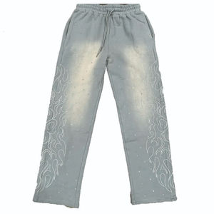 Pantalon pour homme lavé personnalisé anti-rides broderie en détresse pantalon de survêtement évasé à double taille pantalon de survêtement pour hommes baggy en strass délavé au soleil - Product Image 1
