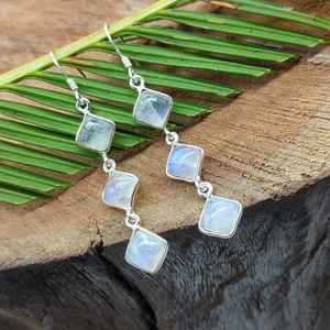 Boucles d'oreilles en argent à triple pierres précieuses Squared Rainbow Moonstone Sterling Silver Danglers Featuring Diamond Pearl Main Elegant Jewelry - Product Image 1