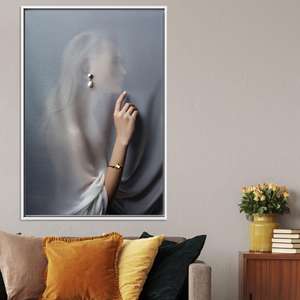 Modern Printed Canvas Artwork: Elegant Behind <b>Curtain</b> Woman Design,<b>WHITE</b> FRAMED CANVAS - Product Image 1