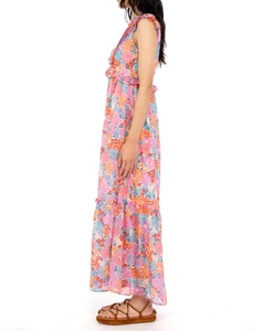 Floral Print Jersey Tea-Length A-Line Casual <b>Dress</b> V-Neck Sleeveless 100% Cotton Summer with Ruffles - Product Image 3