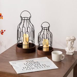 Juego de 2 farolillos decorativos rústicos para casa de campo, soporte para velas Vintage con base de madera, rollo de Metal negro decorativo - Product Image 6