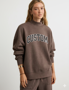 Sweat-shirt à col montant en molleton français long pour femme, hiver/automne, avec broderie sur le devant, polyester/coton écologique - Product Image 1