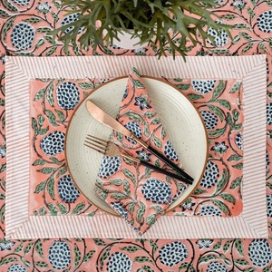 Handmade Salmon Pink Pomegranate Pattern Floral Cotton Tablecover Block Printed <b>Rectangle</b> <b>Tablecloth</b> Indian Style for Home Decor - Product Image 3