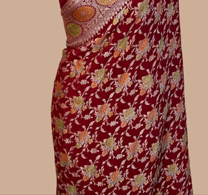 ผ้าคลุมไหล่แบบทอมือ ผ้าไหมชีฟองบานาราสีพรีเมียม ผ้าซารีพาวเวอร์ลูม งานปักดิ้นทองหรูหรา ชิ้นผ้าสำหรับตัดเสื้อแบบดั้งเดิม ชุดสำหรับงานปาร์ตี้แบบดั้งเดิม ป้องกันแสงแดด - Product Image 6