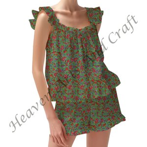 Conjunto de pijama de algodón con estampado de bloques para mujer, traje de noche, conjunto de pijama ajustado Floral con tiras y volantes, mangas - Product Image 4