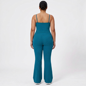 Women's Seamless Yoga <b>Set</b> <b>Square</b> Neck Spaghetti Strap High Waist Full Length Solid Teal Two Piece Activewear - Product Image 6