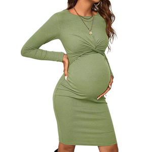 Nouvelle mode de robe pour femmes enceintes en tricot de couleur unie, col rond, manches longues, robe de maternité extensible - Product Image 3