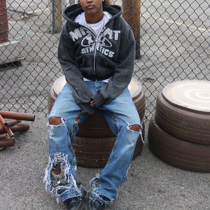 Vintage Cropped Zip <b>Hoodie</b> Custom Heavyweight 100% Cotton <b>Grey</b> Stone Washed Distressed Style Patchwork Embroidery Winter - Product Image 3