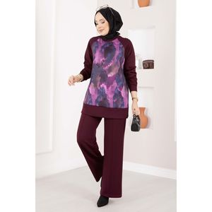 Set Hijab Due Pezzi <span class=keywords><strong>Lina</strong></span> Burgundy Stile Casual con Design a Motivi Autunnali - Product Image 1