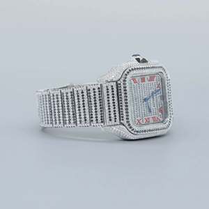 <b>Men's</b> <b>Watch</b> Red Number Dial Brilliant Cut Moissanite Diamonds <b>Black</b> White Ice Stainless Steel Band Glass Dial Window for <b>Men</b> - Product Image 3