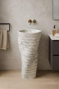 Lavabo sur pied cylindrique moderne en marbre à nervures, avec évier en pierre intégré et détails à cannelures verticales, pour usage en entrepôt, avec drain - Product Image 2