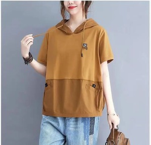 100% Cotton T Shirts Women Casual <b>Patchwork</b> Hooded Short Sleeve <b>Tops</b> Summer Trend Loose Oversized Tee Shirt Y2k Breathable - Product Image 6