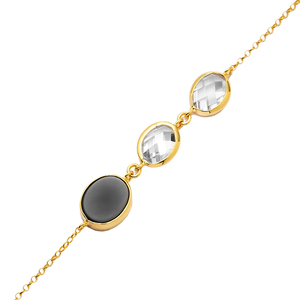Oval Shape Black Quartz Stone and CZ 22K Gold Bezel Silver Bracelet Handmade 925 Sterling Silver for Woman Jewelry - Product Image 3