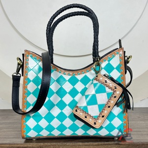 New Arrival Tote Bag & <b>Mini</b> Card Holder 2- Piece Matching Set Handmade Checkered Leather Crossbody Shoulder Handbag for Women's - Product Image 1