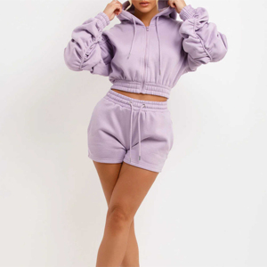 Logo personnalisé 2 pièces hommes été recadrée à capuche ensemble manches longues fermeture éclair français éponge haut court décontracté imprimé style pour les femmes - Product Image 1