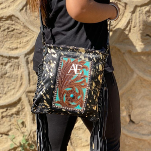 New Real Hair on Hand Tooled <b>Leather</b> Fringe Crossbody Bag Western Boho Turquoise Stone Purse Genuine <b>Leather</b> Handbag for Women's - Product Image 1