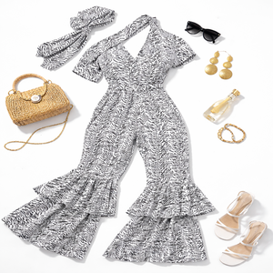 <b>Women's</b> Jumpsuit with Cutout Top and Double Frill Bottom Printed <b>White</b> Full Length Jumpsuit Light Weight Jumpsuit - Product Image 1