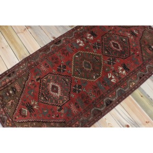 Vintage Turkish Accent Rug 3.2x6.5 ft, <b>Brown</b> Red Geometric <b>Wool</b> Rug - Product Image 2