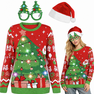 Suéter navideño feo con luces LED para mujer, suéter <span class=keywords><strong>de</strong></span> punto jacquard, suéter navideño con diseño <span class=keywords><strong>de</strong></span> árbol <span class=keywords><strong>de</strong></span> Navidad, Papá Noel y renos, suéter navideño festivo - Product Image 2