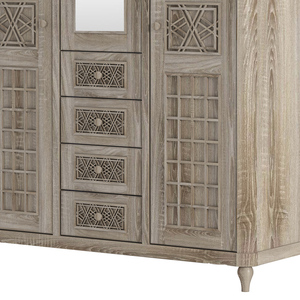 Modern Solid Teak Wood Handcrafted Mirrored Wardrobe <b>Armoire</b> Drawers Weathered Finish Hotel Bedroom Storage Apartment - Product Image 3