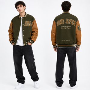 Custom <b>Men's</b> Olive Green Varsity <b>Jacket</b> Wool Body PU Leather Sleeves Chenille Embroidery Letterman <b>Baseball</b> <b>Jacket</b> OEM - Product Image 1